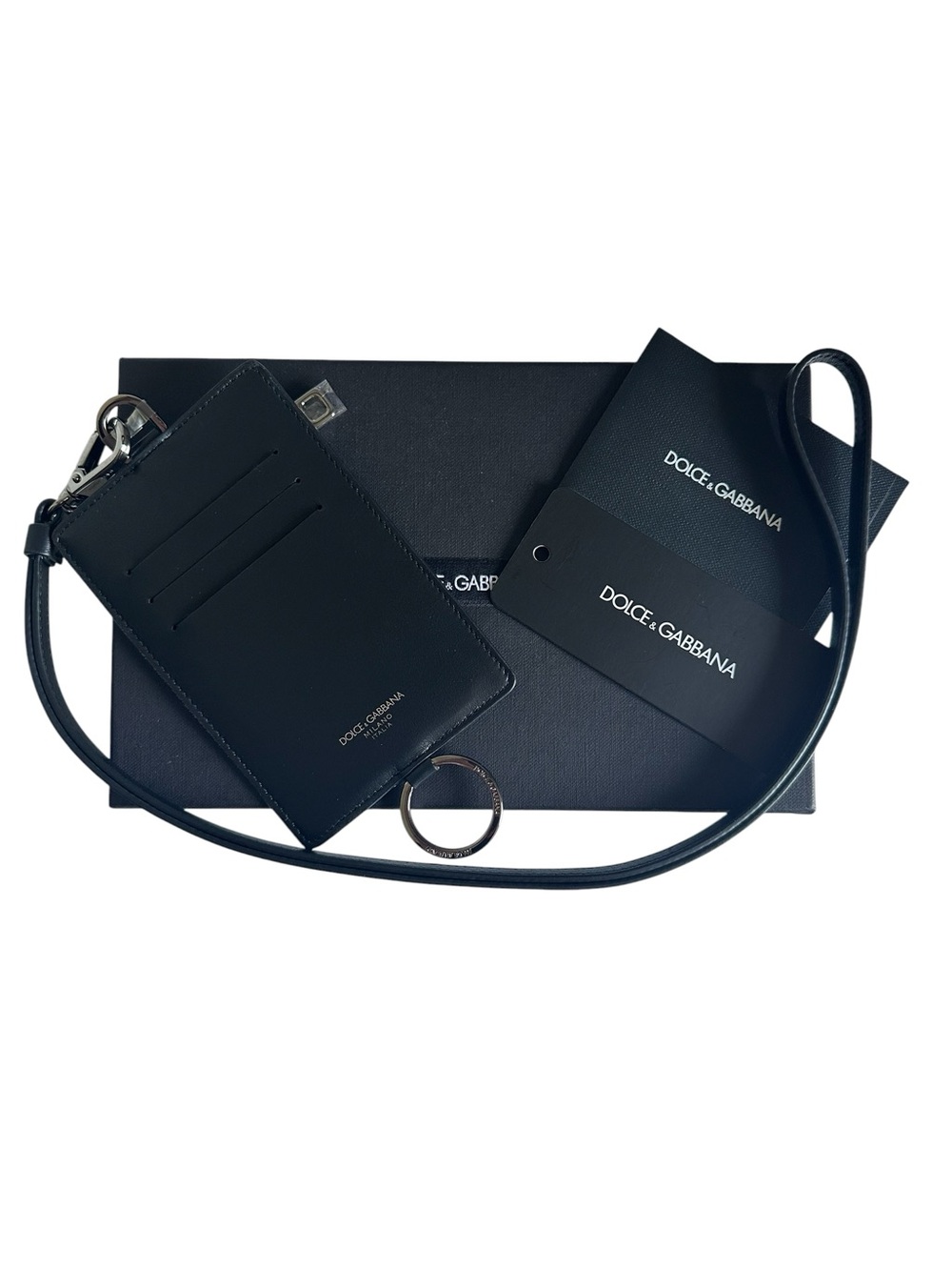 Dolce & Gabbana Black Calfskin Leather Lanyard Zip Card Holder Wallet Full Set